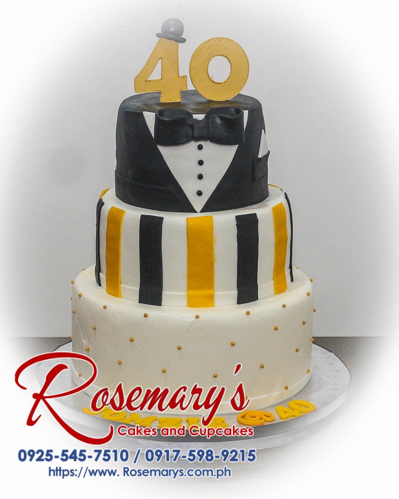 Three-layer black and gold tuxedo-themed cake. Delicious and intricately decorated with 3D printing details. Rosemary's Cakes | 0917-598-9215