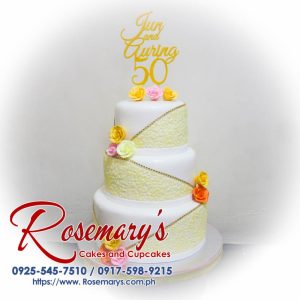 Delicious 3-layer cake by Rosemary's Cakes, featuring intricate 3D printed details, perfect for a wedding anniversary. Contact: 0917-598-9215.