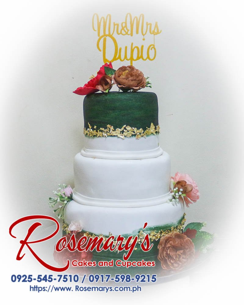 3 Layer Cake for Mr & Mrs Dupio’s Wedding Delicious 3 layer wedding cake by Rosemary's Cakes, featuring green and white design with 3D printed roses. Contact: 0925-545-7510.