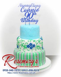 Delicious 3-layer blue and green themed cake with 3D printed decorations, perfect for celebrations. From Rosemary's Cakes, 0925-545-7510.