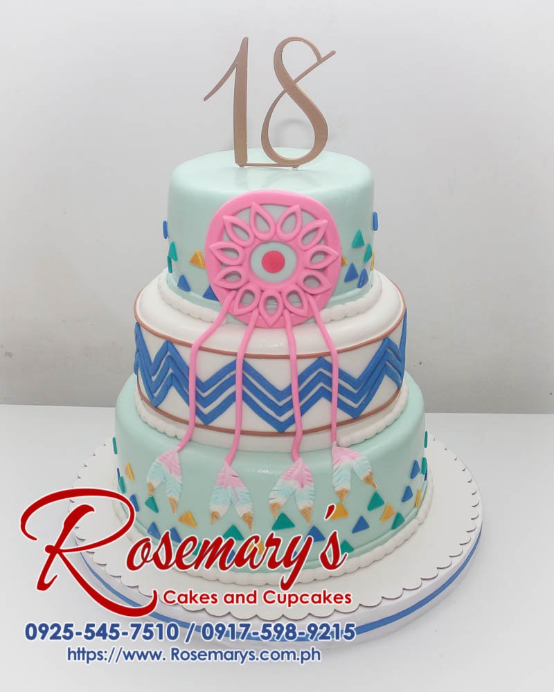 Delicious 3-layer blue dreamcatcher themed cake. Intricate details and a mesmerizing design. Order your custom cake from Rosemary's Cakes: 0925-545-7510