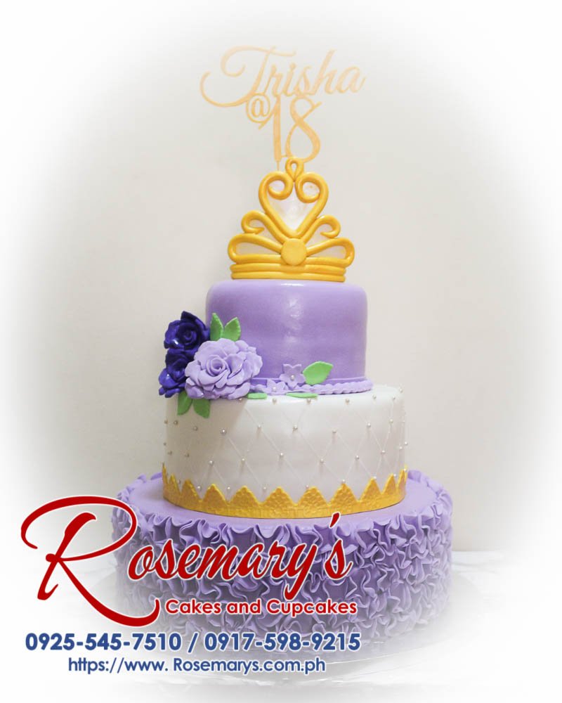 3 Layer Gold And Purple Cake for Trisha’s 18th Birthday Delicious 3-layer gold and purple themed cake by Rosemary's Cakes, beautifully designed with 3D printed details. Call 0917-598-9215.