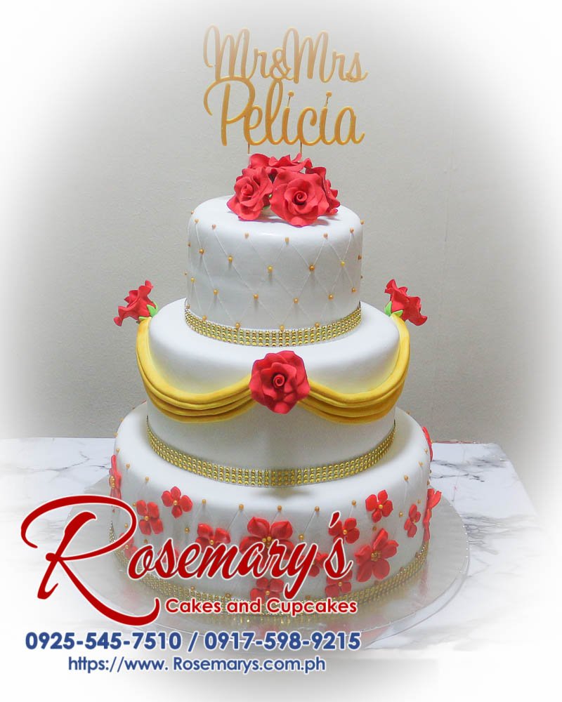 3 Layer Gold and Red Wedding Cake for Mr & Mrs Pelicia Stunning 3-layer gold and red wedding cake by Rosemary's Cakes, featuring intricate 3D printed designs. Contact 0917-598-9215.