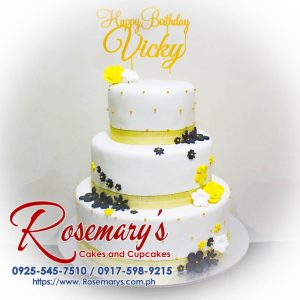 Elegant 3-layer gold & white cake with intricate 3D printed details. Perfect for any celebration! Order yours from Rosemary's Cakes: 0917-598-9215.