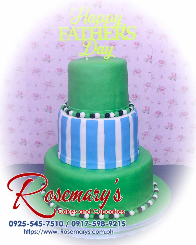 Delicious 3-layer green Father's Day cake with intricate 3D printed decorations, a must-try from Rosemary's Cakes. Contact: 0925-545-7510.