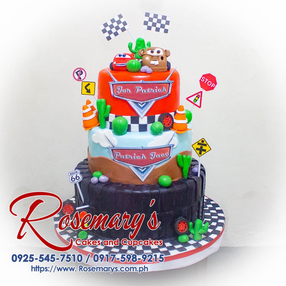 Three-layer chocolate cake decorated with a fondant Lightning McQueen, perfect for car enthusiasts. Order your custom cake from Rosemary's Cakes: 0925-545-7510.