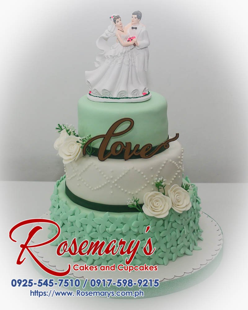 Delicious three-tier lime green wedding cake featuring a custom 3D printed topper. Order your dream cake from Rosemary's Cakes: 0917-598-9215.