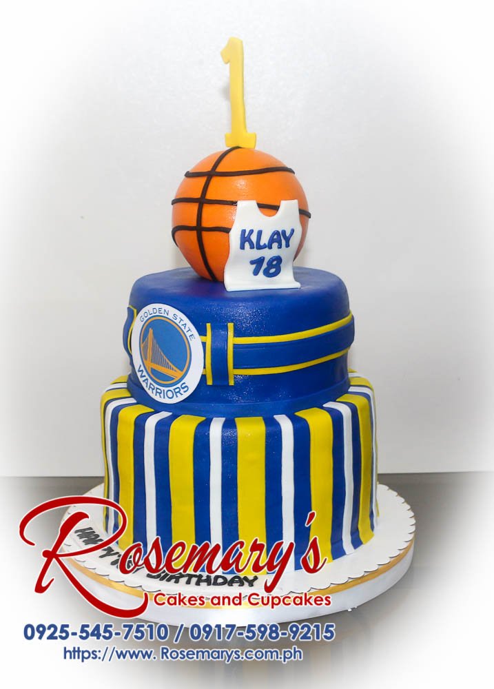 Three-tier Golden State Warriors themed birthday cake with intricate blue and gold fondant details. Rosemary's Cakes | 0917-598-9215