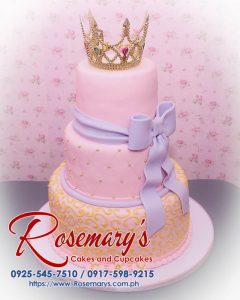 Delicious 3 layer pink, purple, and gold princess themed cake from Rosemary's Cakes. Contact 0925-545-7510 for orders!