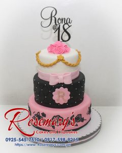 Three-tier pink and black birthday cake with a stunning 3D printed topper. Rosemary's Cakes: 0925-545-7510.