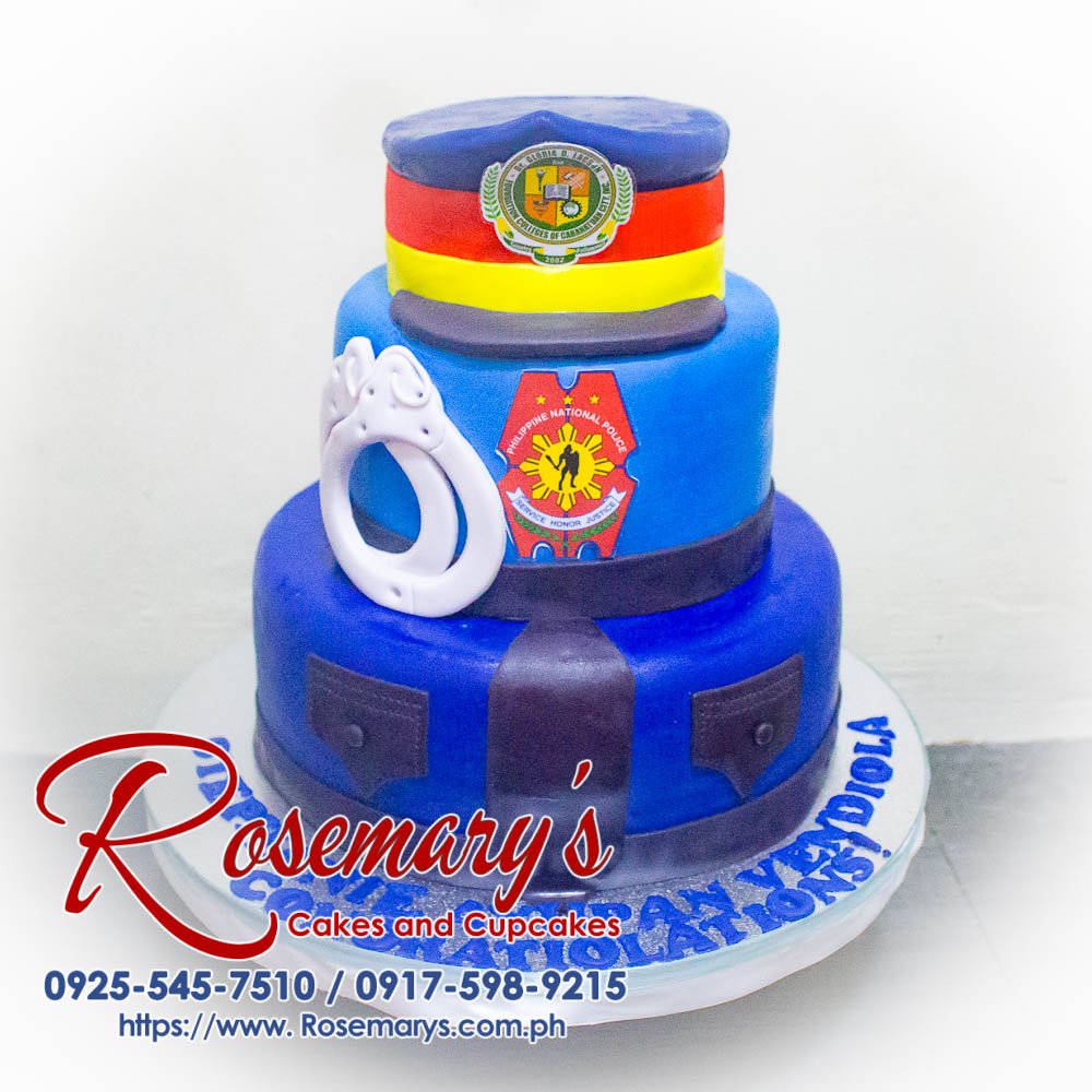 Three-layer chocolate cake decorated with fondant police badges, handcuffs, and a police car. Order your custom themed cake from Rosemary's Cakes! Call 0925-545-7510.