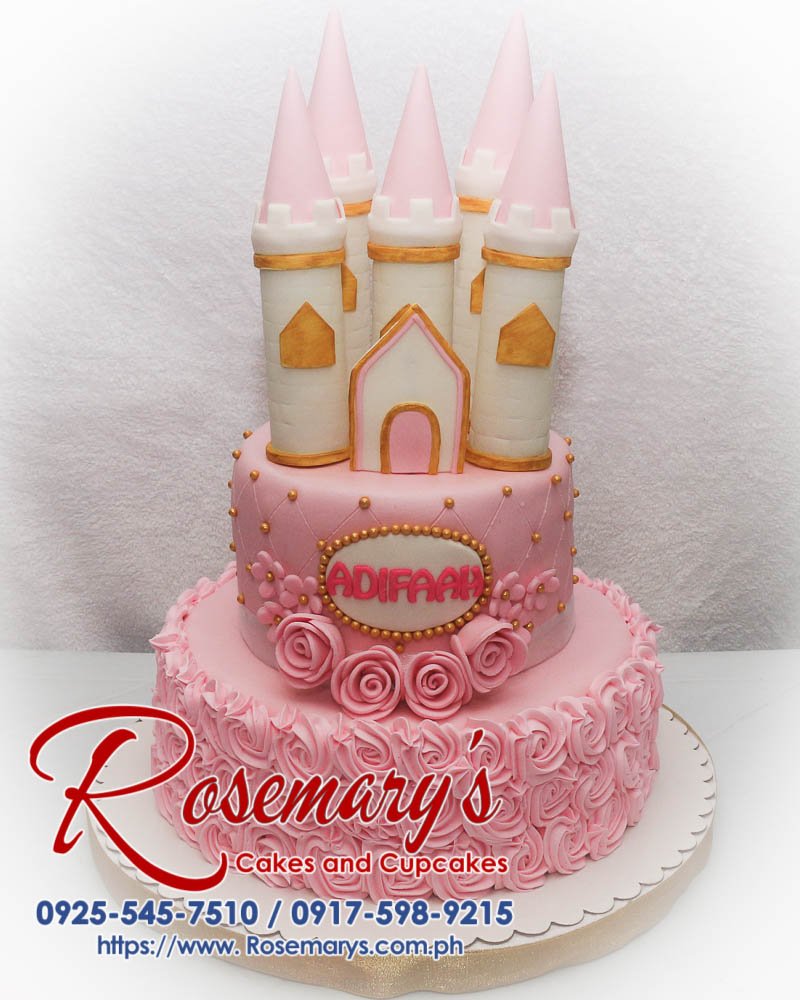 3 Layer Princess Themed Cake for Adifaah Delicious 3-layer princess themed cake with a pink castle design, perfect for celebrations. From Rosemary's Cakes, 0925-545-7510.