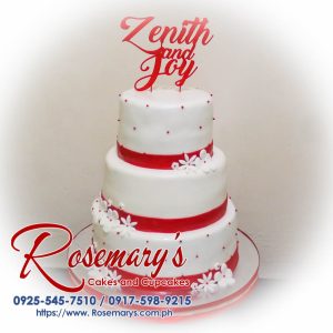 Elegant 3-layer red wedding cake with intricate 3D printed details, perfect for celebration. Order from Rosemary's Cakes, 0917-598-9215.