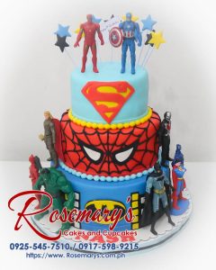 Delicious 3-layer superhero cake featuring Superman, Spiderman & Batman. Perfect for birthdays! Order from Rosemary's Cakes: 0925-545-7510