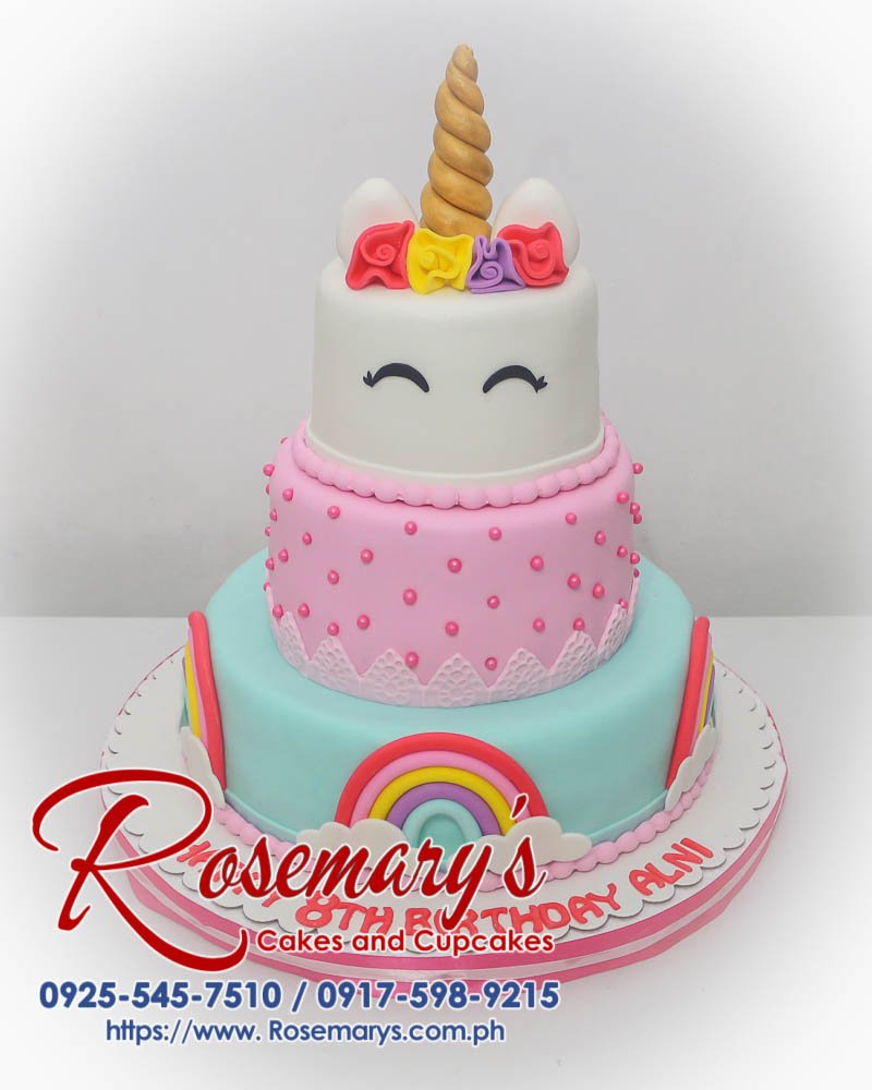 Delicious three-layer pink unicorn themed cake. Perfect for birthdays and celebrations! Order from Rosemary's Cakes: 0917-598-9215.