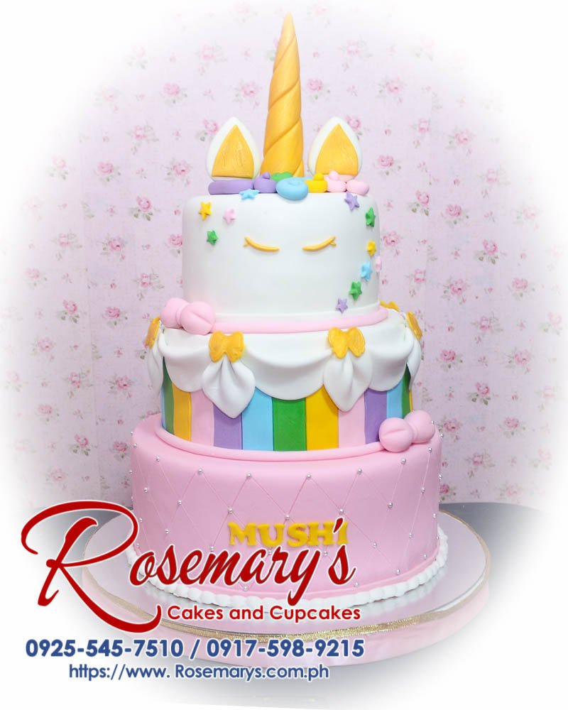 Delicious 3 layer unicorn themed cake in pastel pink and gold from Rosemary's Cakes. Contact 0917-598-9215 for orders.