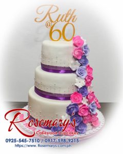 Delicious 3-layer white, pink & purple cake with intricate 3D printed design. Order your custom cake from Rosemary's Cakes: 0917-598-9215.