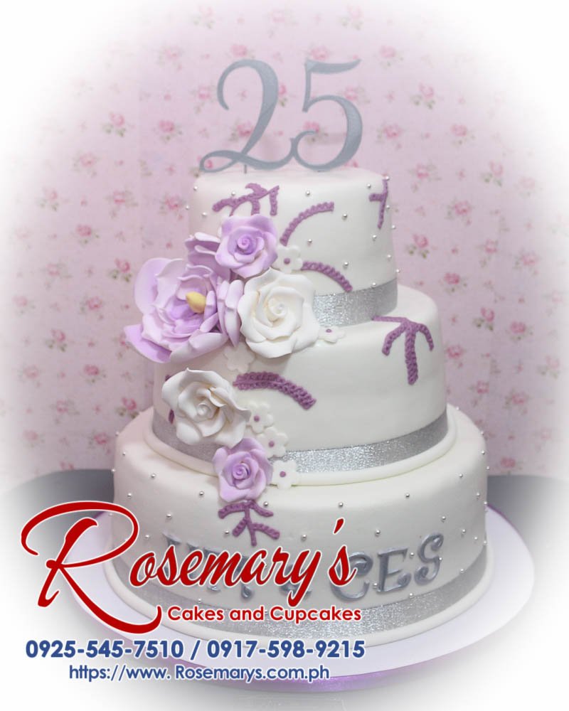 Three-layer white, silver, and purple wedding cake by Rosemary's Cakes, featuring intricate 3D printed designs. Contact: 0917-598-9215.