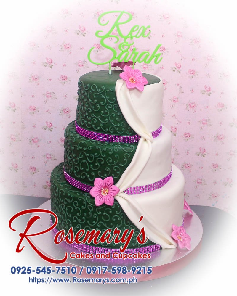 Three-layer white and green wedding cake, beautifully decorated, 3D printed details, from Rosemary's Cakes. Call 0925-545-7510.