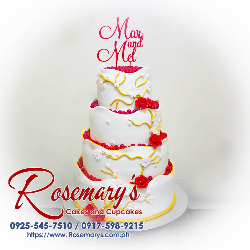 4 Layer Gold and Red Cake for Mar and Mel’s Wedding Elegant 4-layer gold and red wedding cake with intricate 3D printed details by Rosemary's Cakes. Contact: 0925-545-7510.