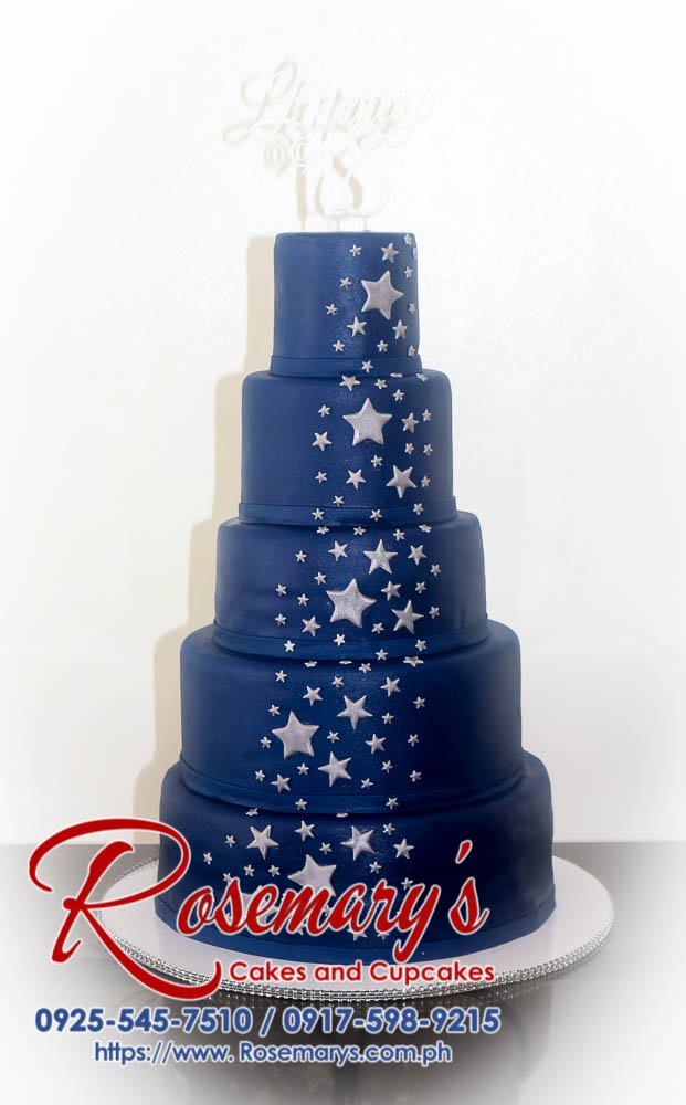 5 Layer Cake for Lhervy’s 18th Birthday Stunning 5-tier blue birthday cake adorned with a unique 3D printed topper featuring twinkling stars. Rosemary's Cakes | 0925-545-7510