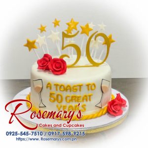 Delicious 1-layer cake with 3D printed "50" in gold for a 50th celebration. Custom cakes by Rosemary's Cakes: 0917-598-9215.