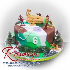 Delicious 1-layer army men themed cake from Rosemary's Cakes, perfect for any celebration. Contact 0925-545-7510.