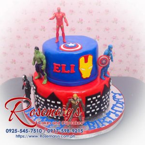 Delicious 2-layer Avengers themed cake featuring vibrant blue and red colors. Contact Rosemary's Cakes: 0917-598-9215.