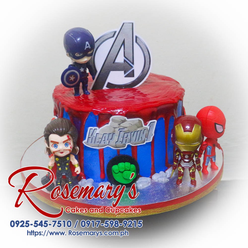 Delicious 1-layer Avengers themed cake adorned with vibrant decorations. Order from Rosemary's Cakes, call 0917-598-9215.