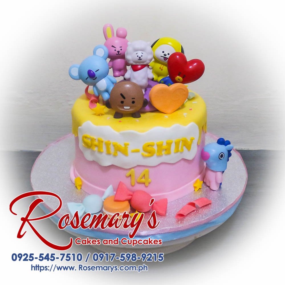Delicious BT21 themed Candyland cake by Rosemary's Cakes, featuring vibrant colors and K-pop designs. Contact: 0925-545-7510.
