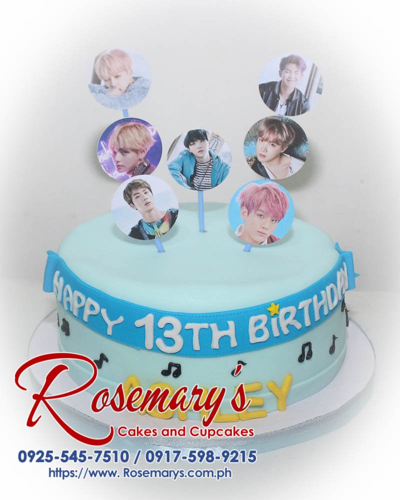 BTS Themed CAke for Ashley Blue buttercream BTS themed cake with fondant details and edible sugar decorations. Delicious and eye-catching! Order yours from Rosemary's Cakes: 0925-545-7510.