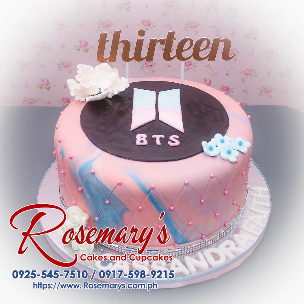 Delicious pink 1-layer BTS themed cake with a 3D printed topper, crafted by Rosemary's Cakes. Contact 0925-545-7510.