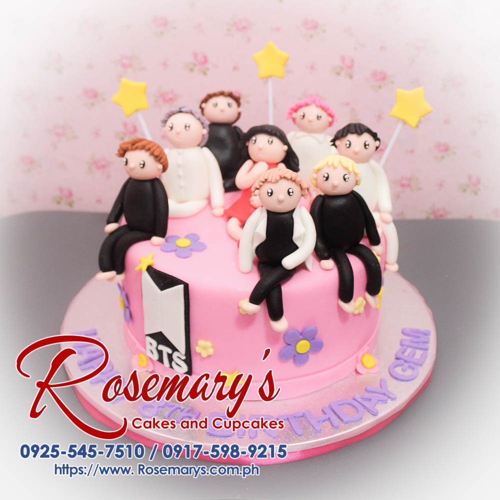 Delicious BTS themed 1 layer cake by Rosemary's Cakes, featuring a pink fondant topper. Contact: 0917-598-9215.