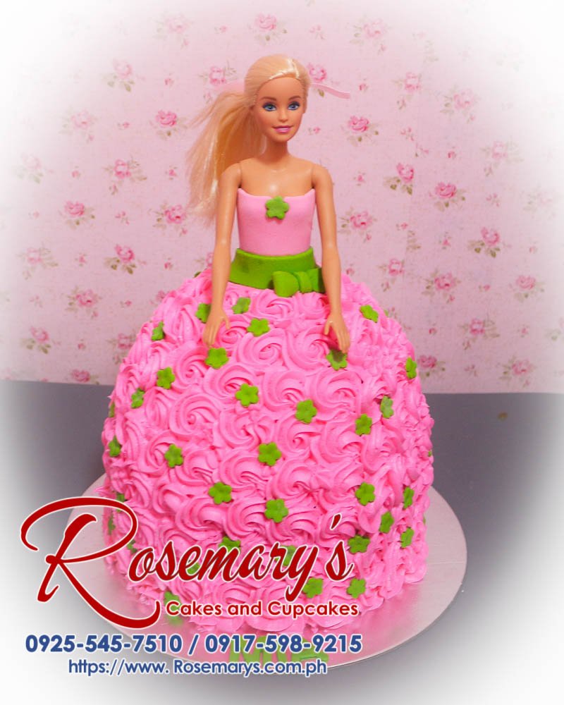 Delicious pink Barbie doll cake from Rosemary's Cakes, perfect for themed celebrations. Contact: 0925-545-7510.