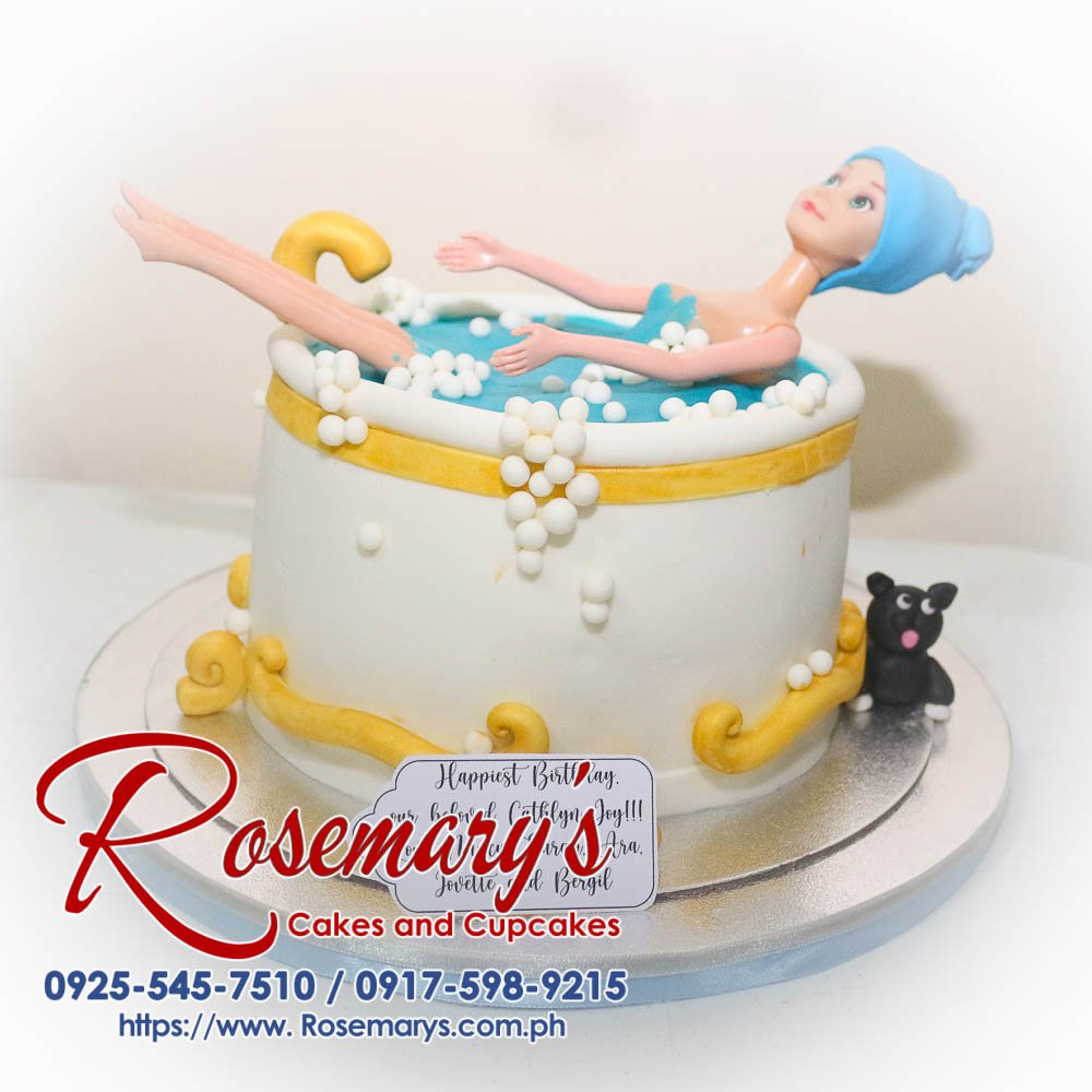 Delicious Barbie themed 1-layer cake, elegantly decorated for a spa party. Order from Rosemary's Cakes: 0925-545-7510.