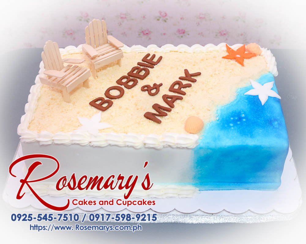 Beach Themed Cake for Bobbie and Mark Delicious beach-themed 1-layer cake from Rosemary's Cakes, adorned with sandy shores and ocean waves. Contact 0925-545-7510.