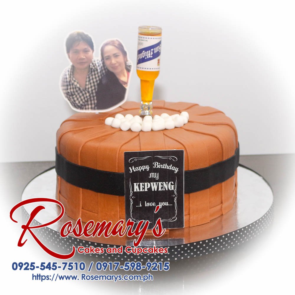 Delicious 1-layer beer barrel themed cake in rich brown, perfect for celebrations. Order from Rosemary's Cakes: 0925-545-7510.