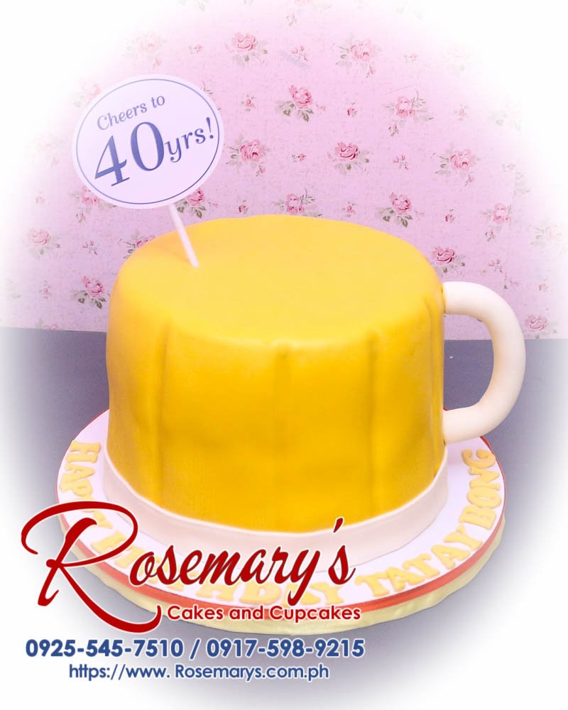 Delicious yellow beer mug themed cake by Rosemary's Cakes, perfect for any celebration! Contact: 0925-545-7510.
