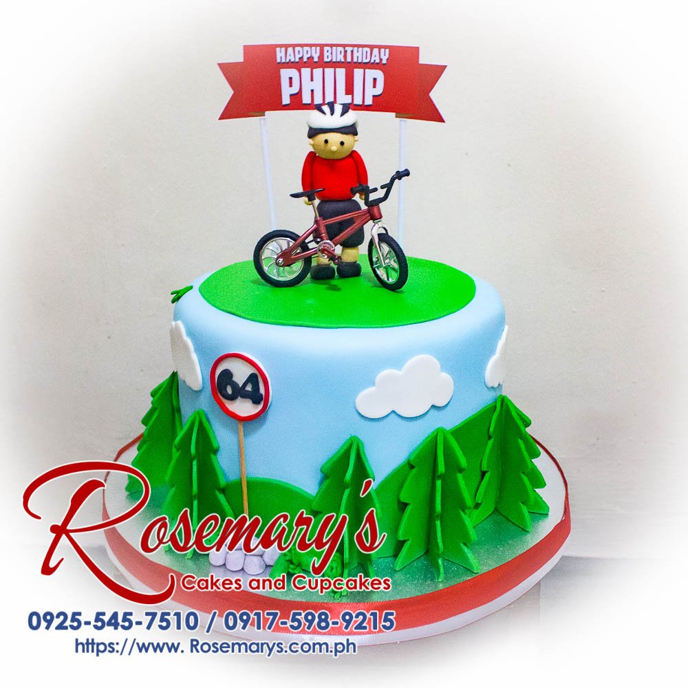 Delicious one-layer biker themed cake with intricate details like a bicycle and road accents. Order your custom cake from Rosemary's Cakes! Call 0917-598-9215.