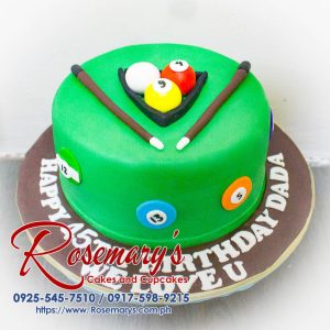 Delicious one-layer billiard-themed cake with green fondant and realistic pool balls. Perfect for any celebration! Order from Rosemary's Cakes: 0925-545-7510