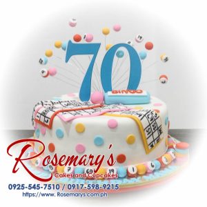 Delicious bingo-themed 70th birthday cake by Rosemary's Cakes. Perfect for celebrations! Contact: 0925-545-7510.