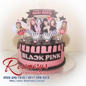 Delicious Black Pink themed 1-layer cake with vibrant colors, perfect for K-Pop fans. Order from Rosemary's Cakes: 0925-545-7510.