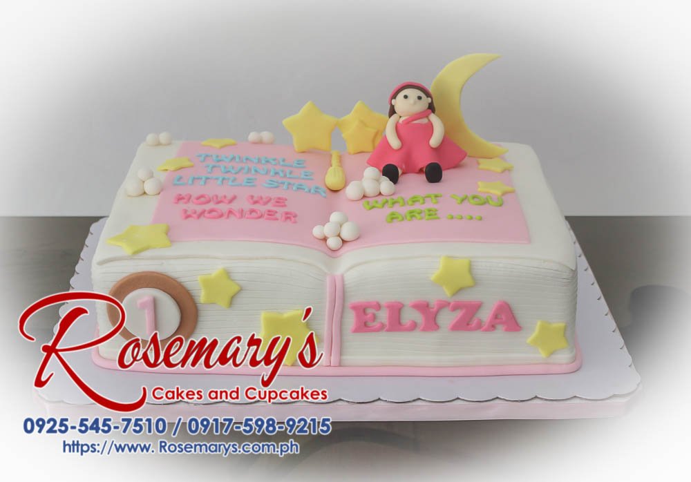 One-layer yellow cake with a pink and white fondant book design. Custom made by Rosemary's Cakes. Call 0925-545-7510.