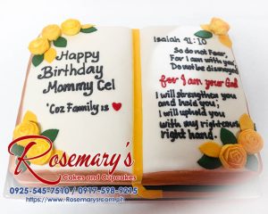 Delicious 1-layer book themed cake with intricate bible designs, crafted by Rosemary's Cakes. Contact: 0925-545-7510.