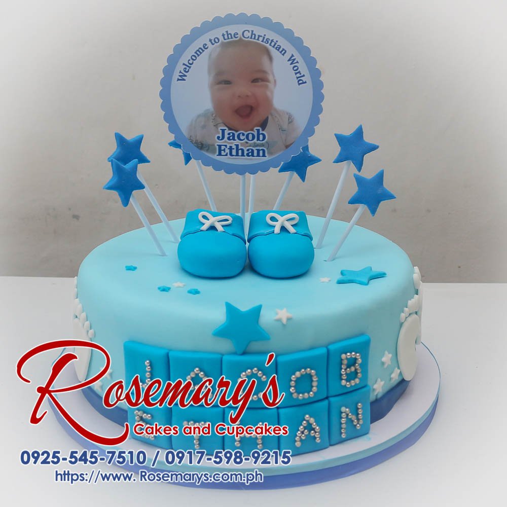 One-layer blue themed cake perfect for a christening. Delicious and beautifully decorated. Order yours from Rosemary's Cakes, 0917-598-9215.