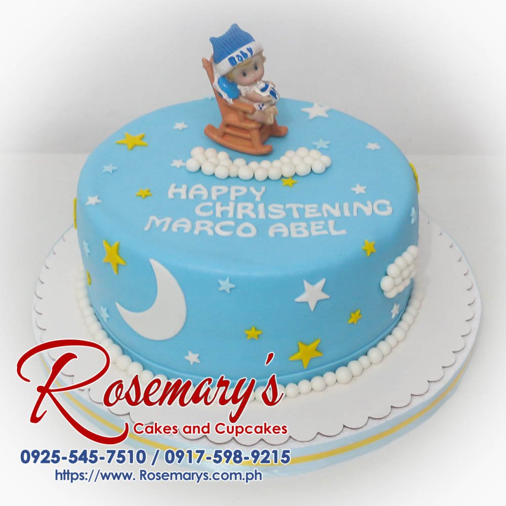 Delectable one-layer christening cake adorned with a delicate baptism theme. Perfect for celebrating this special occasion. Order yours from Rosemary's Cakes: 0917-598-9215.
