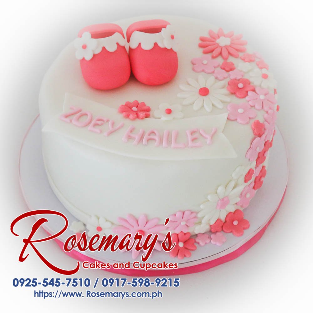 Cake for Zoey Hailey’s Christening Delicious one-layer pink cake with fondant shoes and a topper. Perfect for christenings or baby showers. Order yours from Rosemary's Cakes: 0925-545-7510.
