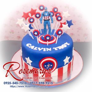 Delicious blue 1-layer Captain America themed cake featuring red accents, crafted by Rosemary's Cakes. Contact: 0917-598-9215.