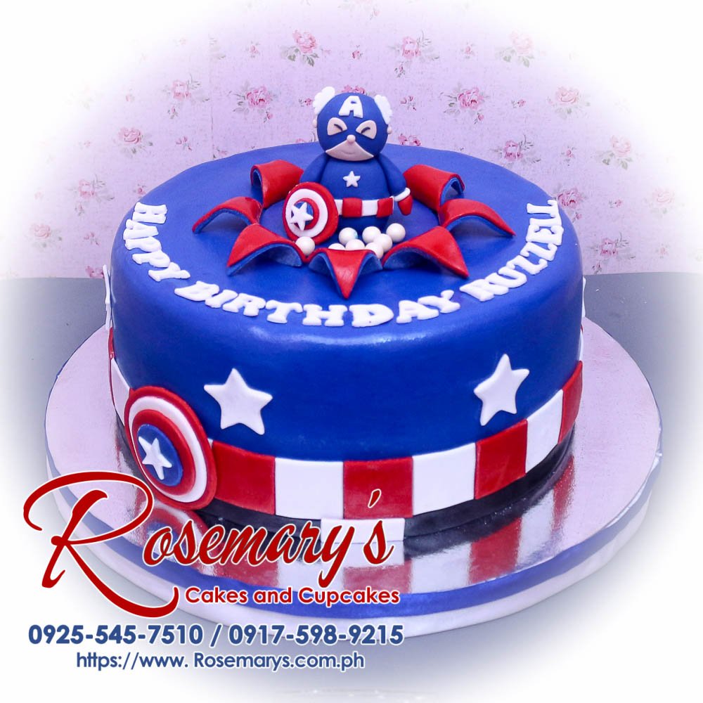 Delicious 1-layer Captain America themed cake, vibrant blue, perfect for celebrations. Order from Rosemary's Cakes, 0917-598-9215.