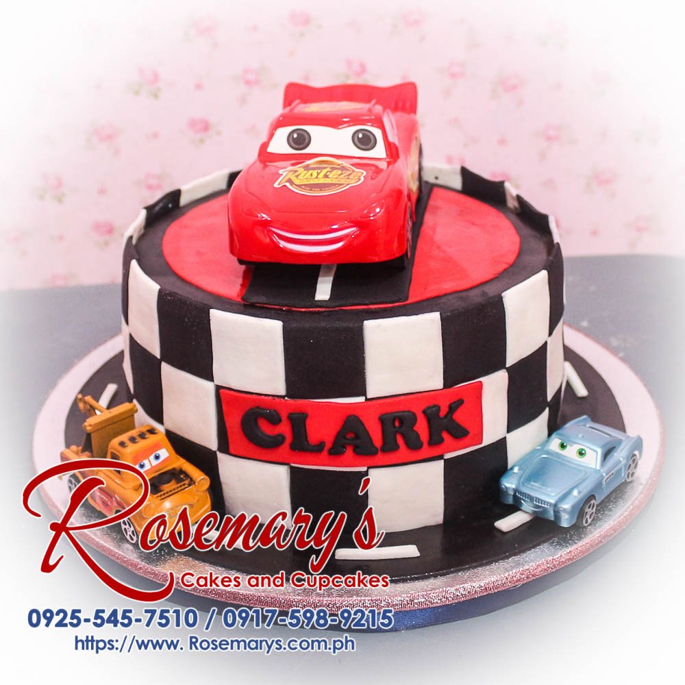Delicious one-layer black and red car-themed birthday cake. Featuring Lightning McQueen! Order yours from Rosemary's Cakes: 0917-598-9215